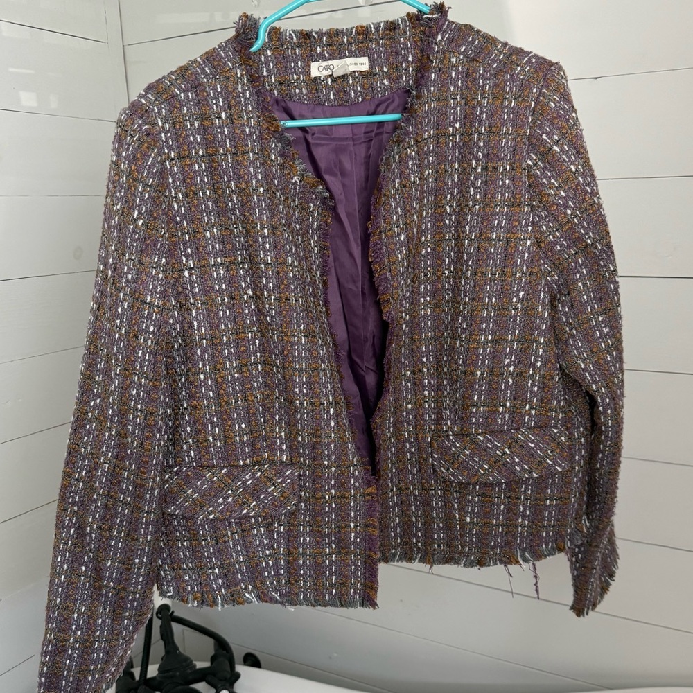 CATO purple, gold and white cropped blazer. Size XL.